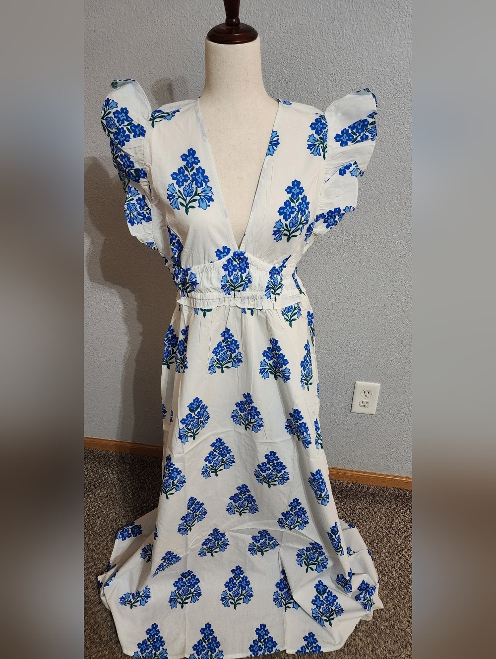 Sail to Sable White Maxi Dress with Blue Floral Print